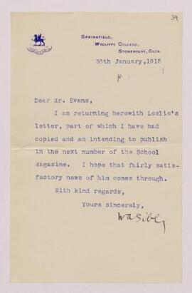Letter from W. A. Sibly,