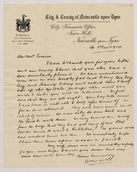 Letter from E. Darnell, Supt. Asst. Overseer, Newcastle upon Tyne,