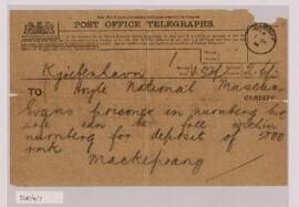 Telegram to Dr Hoyle from Mackeprang,