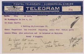 Telegram from Henry F. Lippitt (Senator from Rhode Island) to Mr Henry Chaffee,
