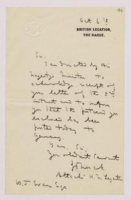Letter from J. B. Monck, British Legation, The Hague,