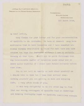 Letter from J. Arthur Sibly,