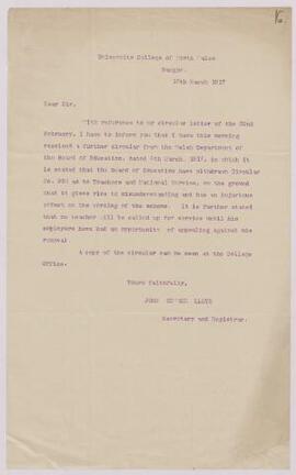 Letter from J.E. Lloyd, Secretary and Registrar, UCNW,