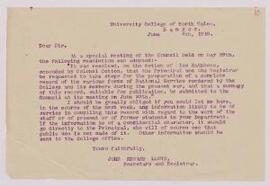 Letter to J.E. Lloyd, Secretary and Registrar, UCNW, to an unknown recipient,