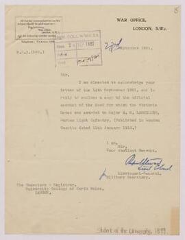 Letter from the Lieutenant General Rupert Stewart(?) to the Secretary and Registrar, UCNW,