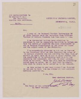 Letter from the Secretary of the Ministry of National Service, Westminster,