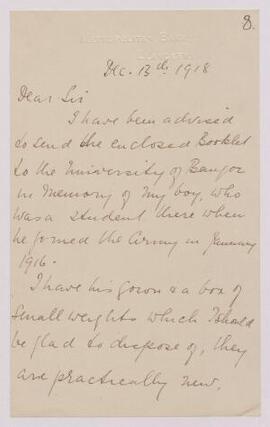 Letter from Mr. A. Roberts, Llangefni, to the Registrar, UCNW,