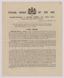 ‘Special Order of the Day’ (printed) by Major-General T. Astley Cubitt, C.B., C.M.G., (Commanding...