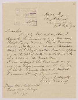 Letter from H.C. Morris, Caernarvon to Major W.P. Wheldon, UCNW,