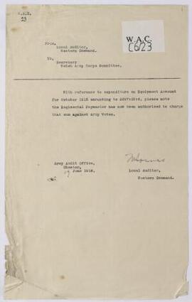 Copies of letters, June 1916, from Local Auditor, Western Command to Secretary, Welsh Army Corps,...