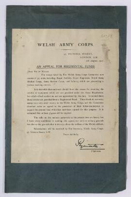 Copies of printed letter, 9th Aug. 1915, from Rt Hon. the Earl of Plymouth re an appeal for Regim...