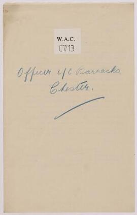 Correspondence, Aug. 1916, with Officer in charge of Barracks, Chester,
