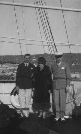 [A J Sylvester, Dame Margaret Lloyd George and Sir Thomas Carey Evans aboard 'Sabrina']