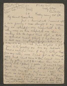 Letters from G.V.J. to his family while a student at Trinity College, Cambridge.