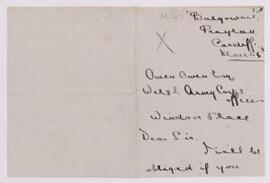 A. W. Smart, Cardiff, letter, March 4, on his behalf. nd.