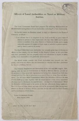 Local Government Board circular, 21 Aug. 1914, to local authorities, advising them re granting le...