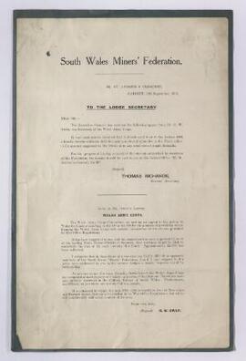 Copies of letter, 11 Sept. 1915, General Secretary, South Wales Miners' Federation to the Lodge S...