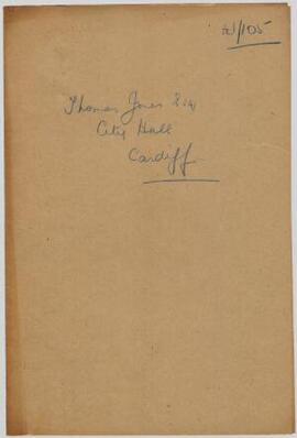 Thomas Jones, City Hall, Cardiff, April 1916, copy of letter requesting names of possible candida...