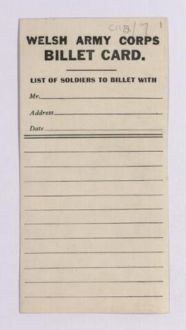 Unused Welsh Army Corps billet cards. nd.