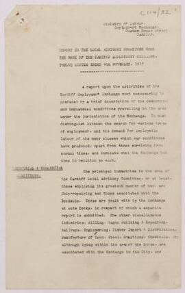 Typescript 'Report to the Local Advisory Committee upon the work of the Cardiff Employment Exchan...