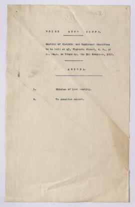 Agenda of Clothing and Equipment Committee meeting, 2 Nov. 1916, together with a copy of the repo...