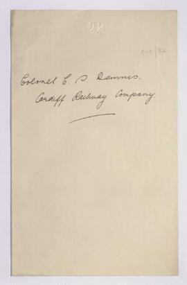 Col. C. S. Dennis, Cardiff Railway Company, letter from, 7 May 1915,
