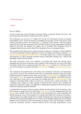 Draft of a letter on the role of the Wales' Governance Centre