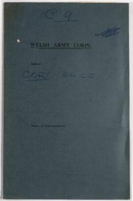 Sir Clifford J. Cory, Harrogate, acknowledgment, Sept. 1915, of donation to Welsh Army Corps,
