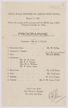 Menu and programme for the celebratory dinner held by the North Wales Ministry of Labour Staff So...