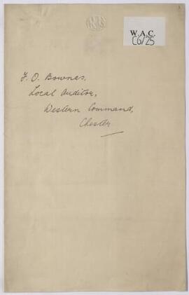 Correspondence, Sept. 1915-May 1916 of F. O. Bownas, Local Auditor, Western Command. 1915-16,