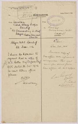 Letter, 22 Dec. 1914, from Owen W. Owen requesting copy of War Office letter of 26th Oct. re leat...