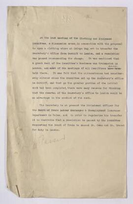 Note relating to a meeting of the Clothing and Equipment Committee when a resolution was passed t...