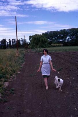 [A young woman and a dog walking along the edge of a ploughed field]