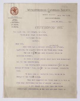 Letter, June 1915, from The Cambrian Society, Wittersrand, South Africa with contribution for the...