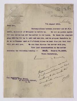 Correspondence, June-Aug. 1915 with Mr W. P. David, Solicitor, Bridgend, and his London agents, r...