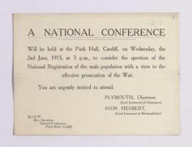 Announcement of a national conference, 2 June 1915, to discuss national registration of the male ...