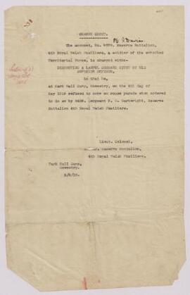 Army charge sheets of Ithel Davies, together with related papers,