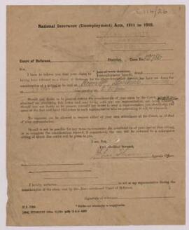 Form of reply, Oct. 1923, to claim by Mr Keelan Asteraki, Cardiff, for unemployment benefit,