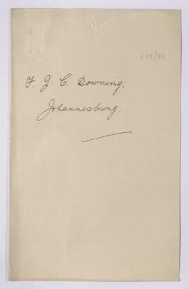 F. J. C. Downing, Johannesburg, copy letter to, 18 May 1915, in reply to his enquiry regarding ob...