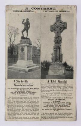 Postcard illustrating the contrast between a Unionist Memorial to the memory of the Royal Irish F...