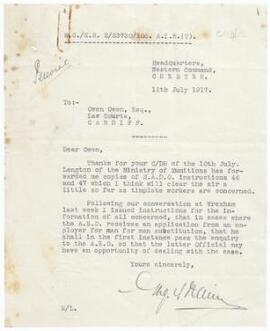Miscellaneous correspondence, May-July 1917, between Headquarters, Western Command and Ministry o...