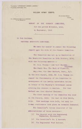 Report of the Finance Committee for period Nov. 1914-Sept. 1916, including statement of accounts,...
