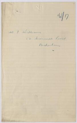 W. T. Williams, Beckenham, April-May 1916, relating to post,